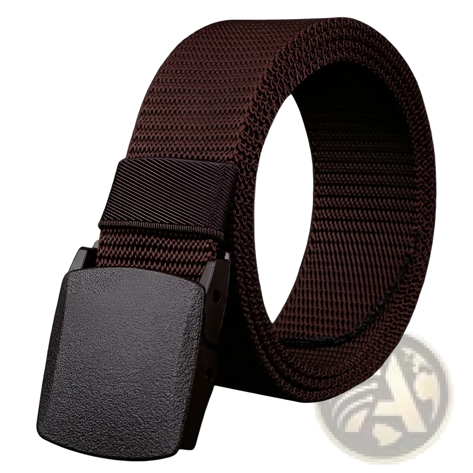 Mens tactical canvas belt in brown with a lightweight automatic buckle featuring textured matte-finish plastic