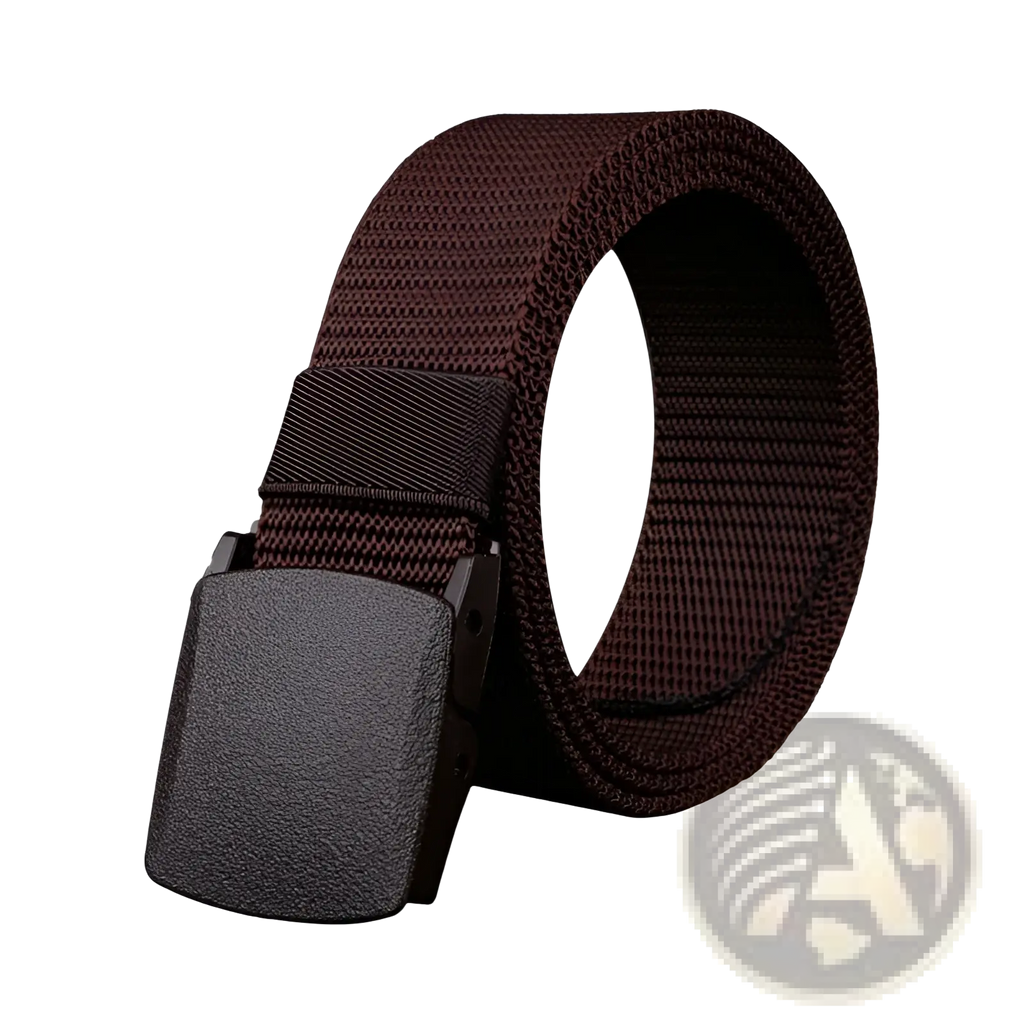 Brown woven canvas mens tactical belt with lightweight matte black plastic automatic buckle