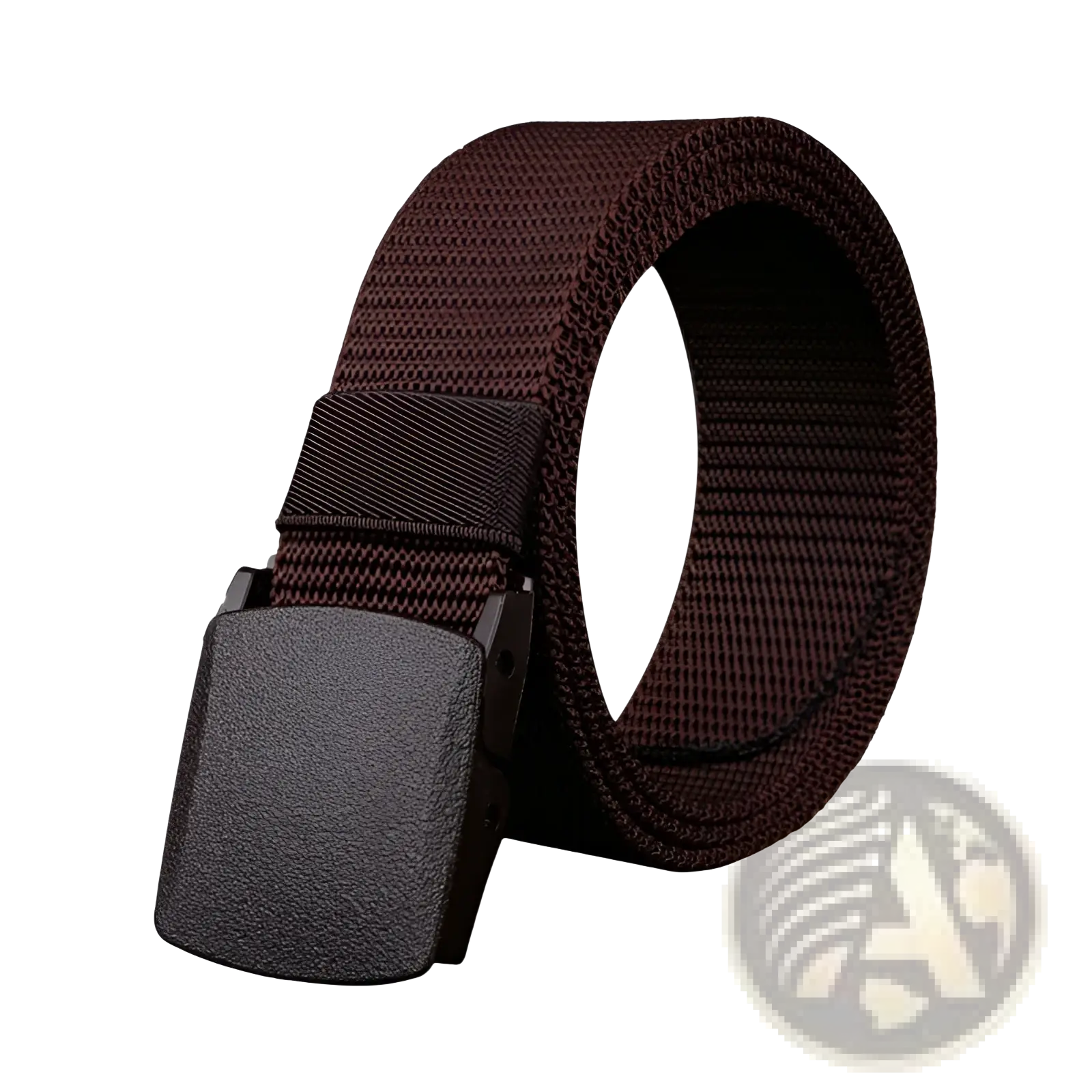 Brown woven canvas mens tactical belt with lightweight matte black plastic automatic buckle