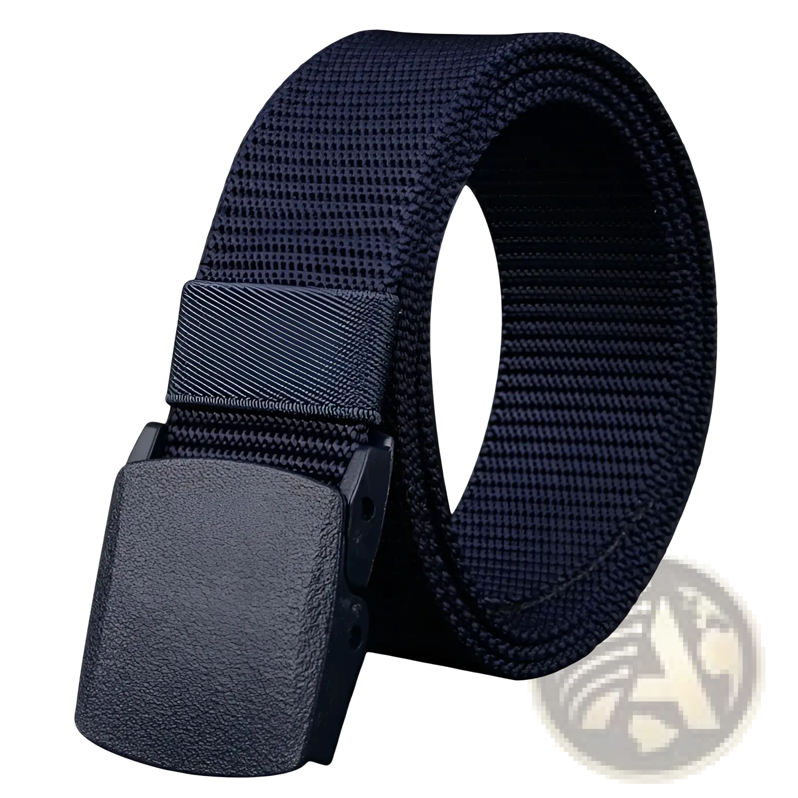 Dark navy men’s tactical canvas belt with lightweight automatic matte black textured plastic buckle