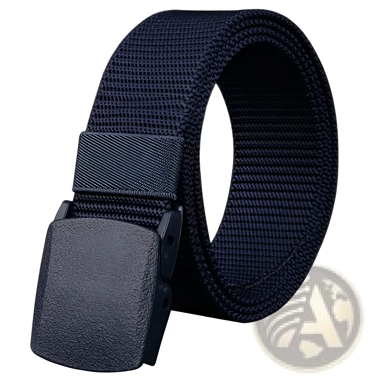 Mens tactical canvas belt in dark navy woven fabric with lightweight automatic matte black plastic buckle
