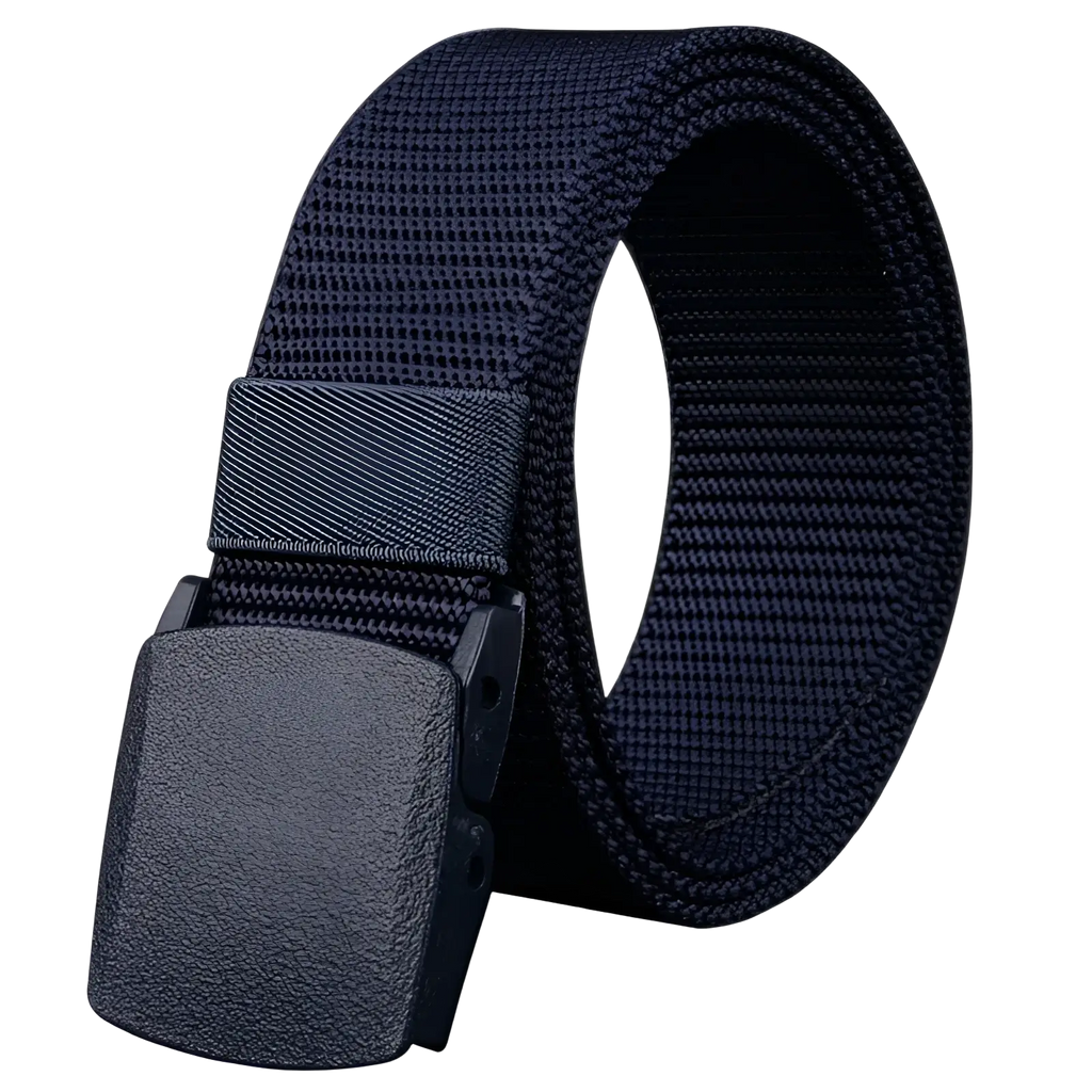 Dark navy mens tactical canvas belt with lightweight woven fabric and matte black textured plastic automatic buckle