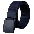 Dark navy mens tactical canvas belt with lightweight woven fabric and matte black textured plastic automatic buckle