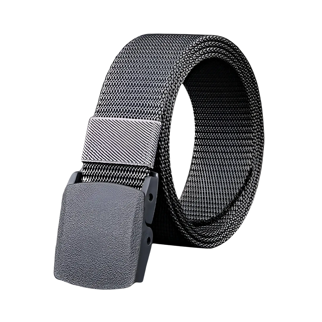 Gray mens tactical canvas belt featuring lightweight tactical webbing and a matte-finish automatic plastic buckle