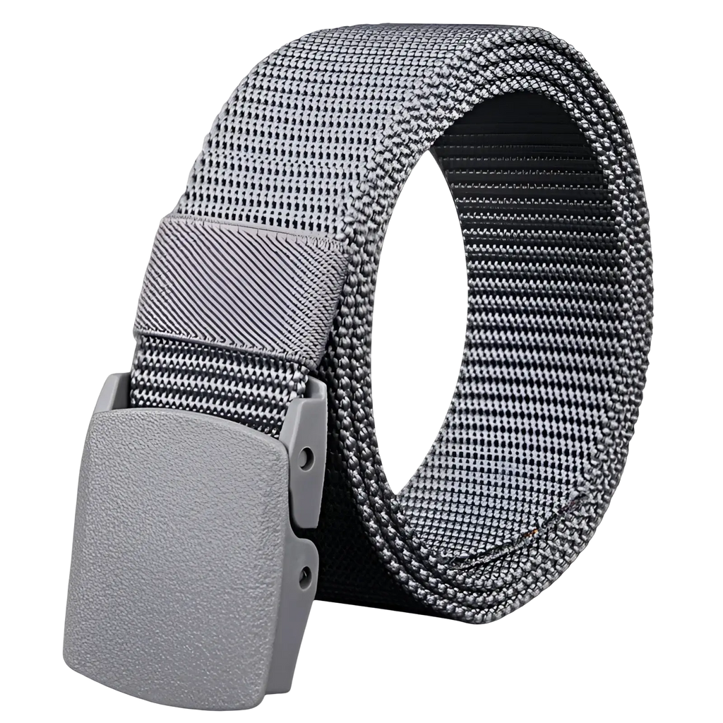 Mens tactical canvas belt in gray with lightweight automatic matte gray plastic buckle for durable use