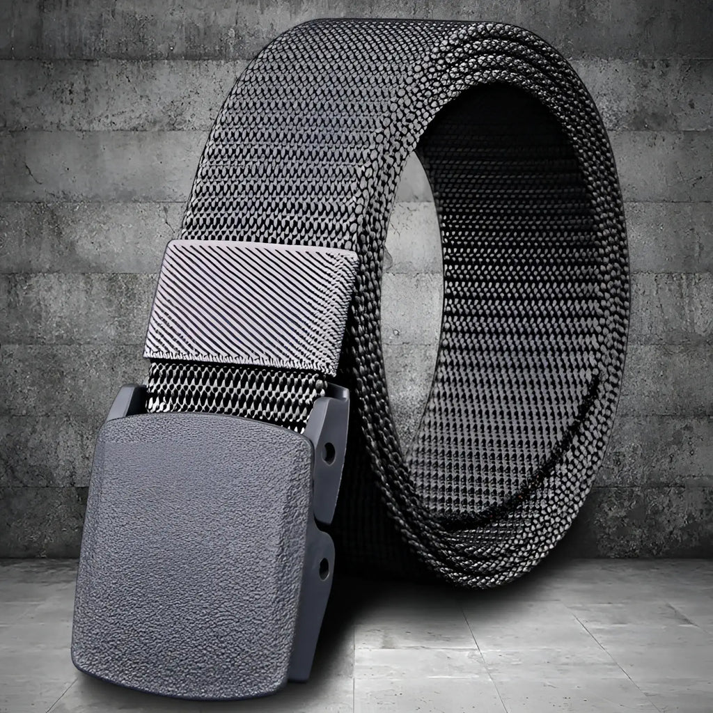 Gray mens tactical canvas belt with lightweight automatic buckle and matte-finish plastic clasp for durable use