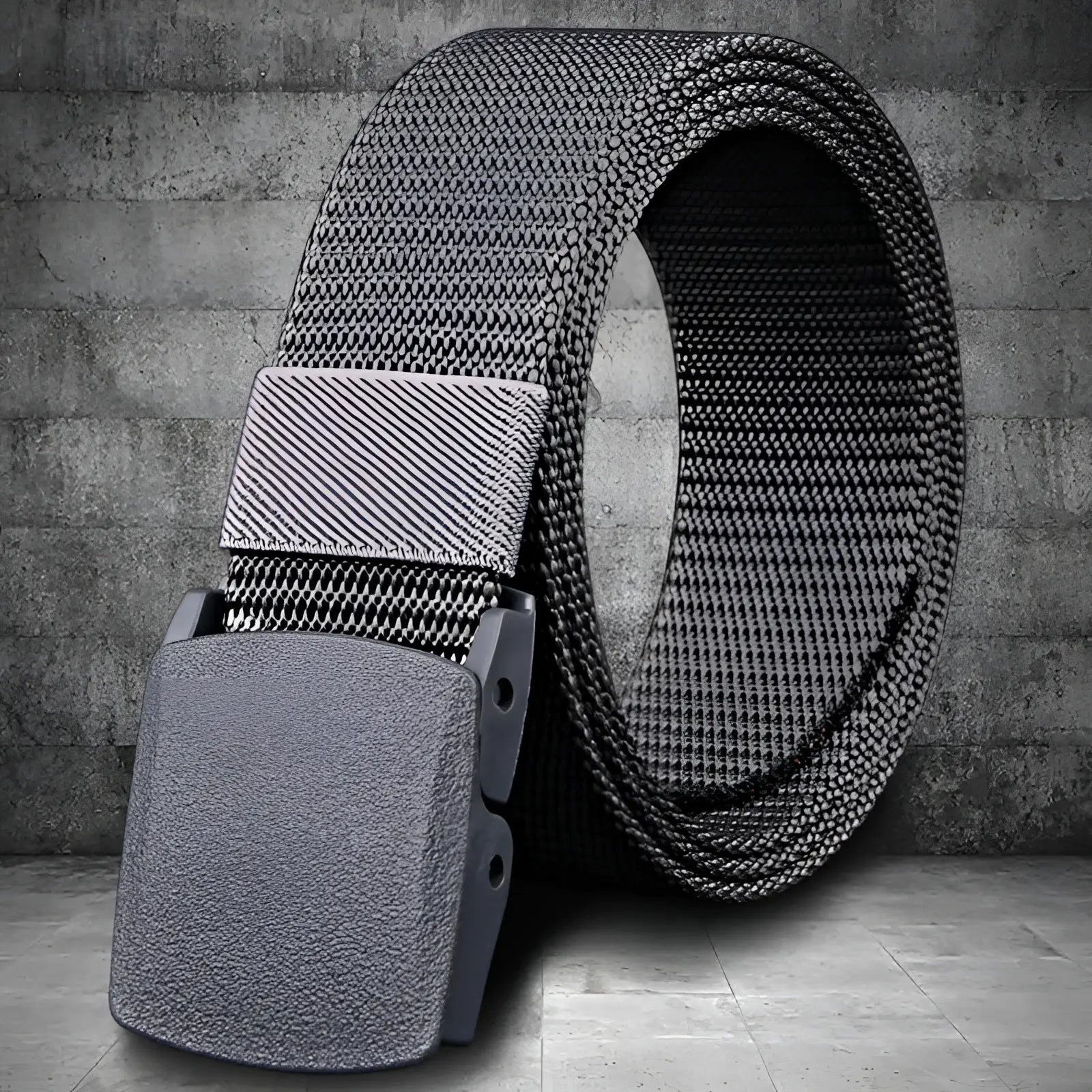 Gray mens tactical canvas belt with lightweight automatic buckle and matte-finish plastic clasp for durable use
