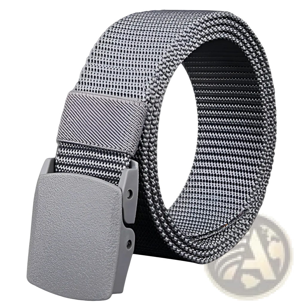Mens tactical canvas belt in gray with lightweight automatic matte gray plastic buckle for durable use