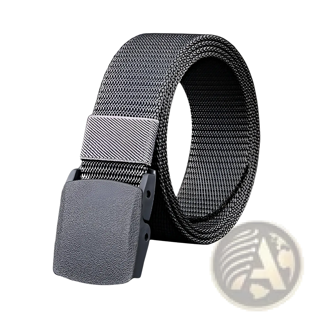 Gray mens tactical canvas belt featuring lightweight tactical webbing and a matte-finish automatic plastic buckle