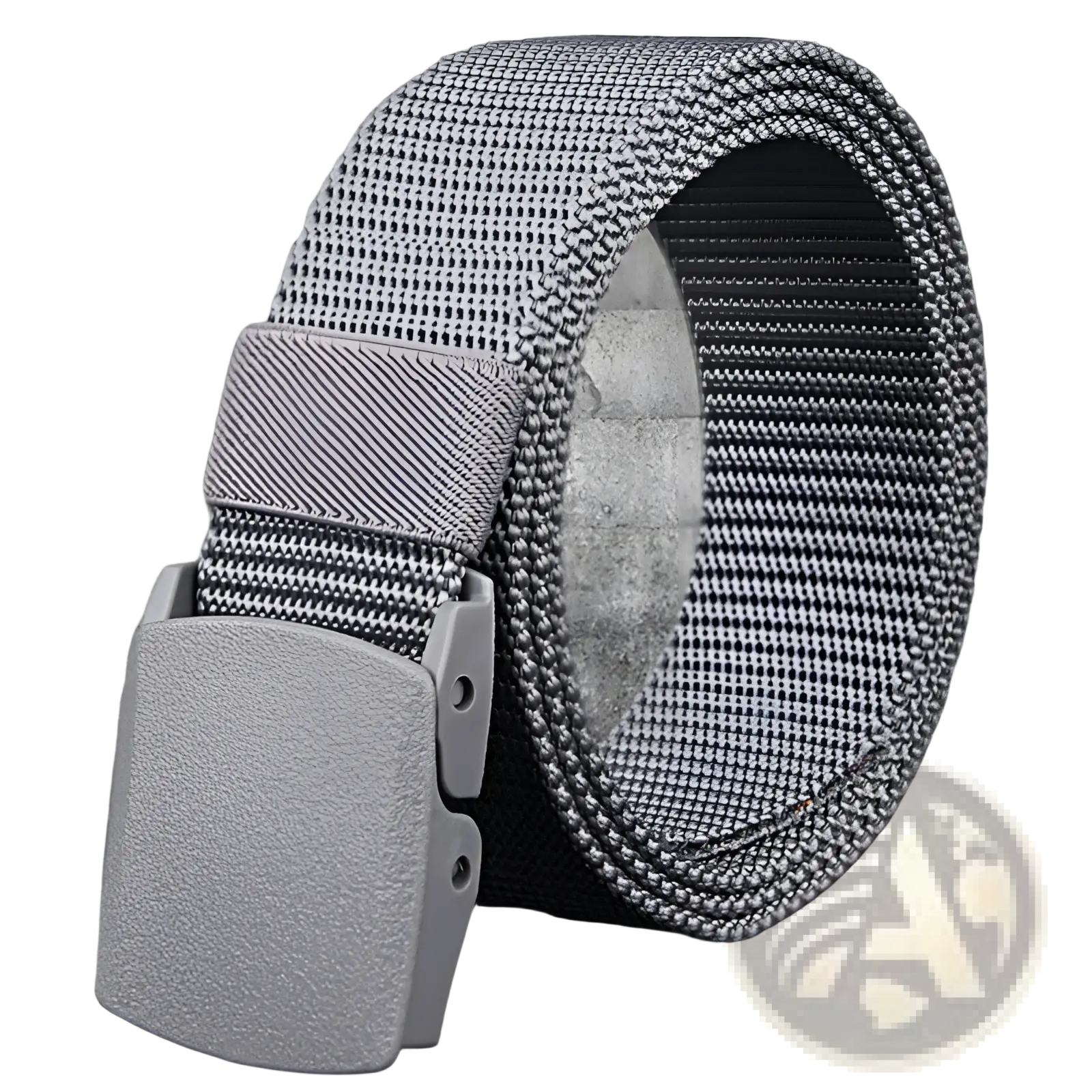 Gray mens tactical canvas belt with lightweight mesh material and textured plastic automatic buckle visible