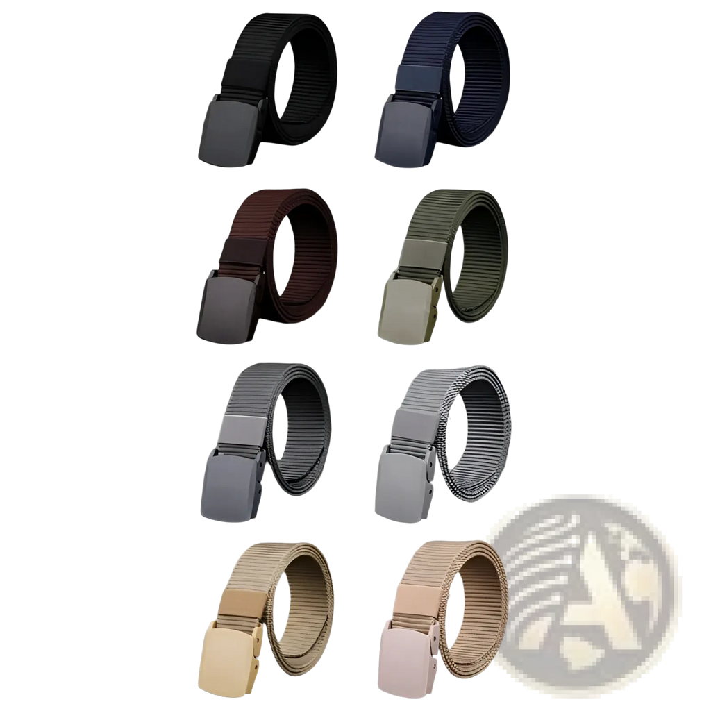 Mens tactical canvas belt with military-style webbing and matte plastic buckle available in six colors including black