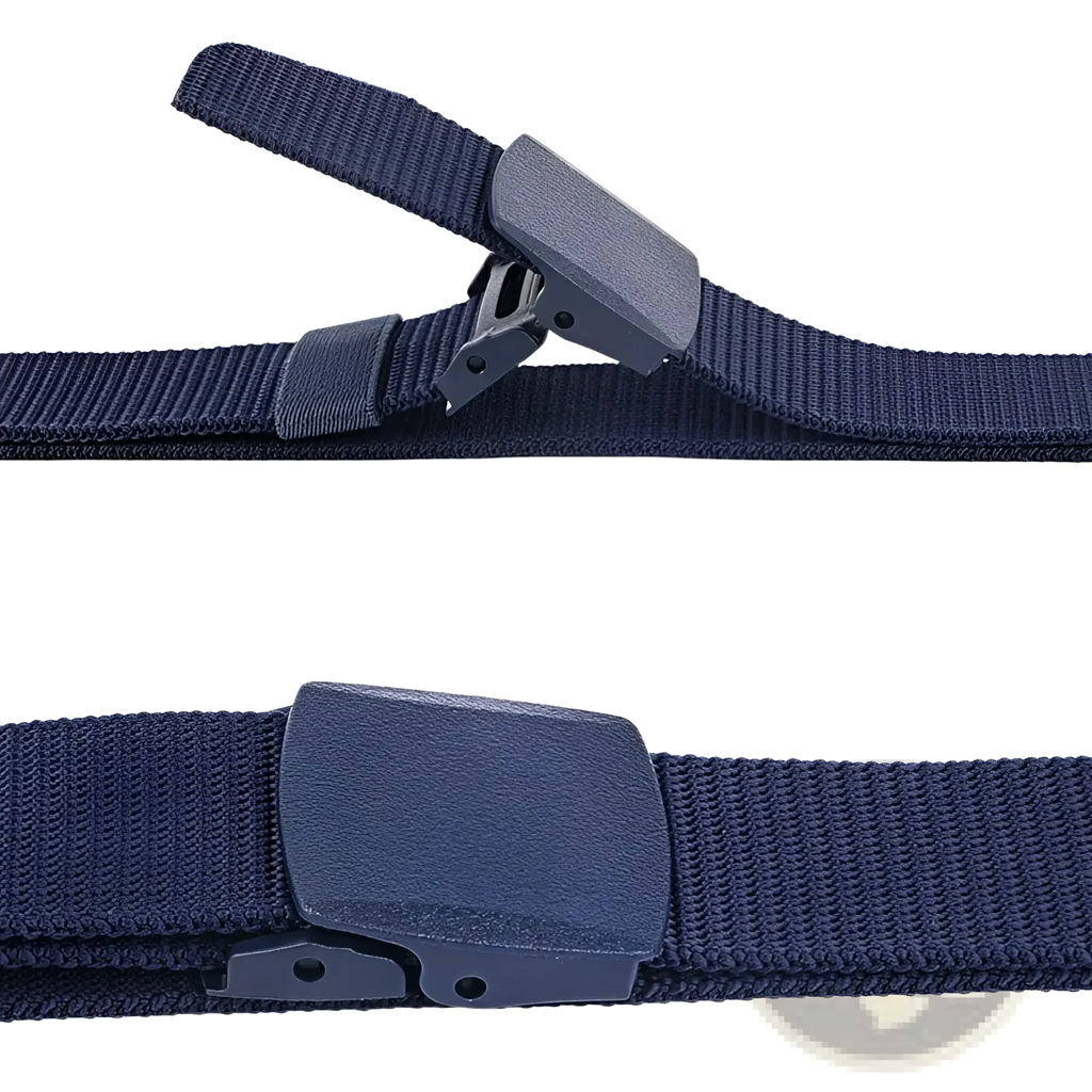 Navy blue woven nylon mens tactical canvas belt with lightweight matte black plastic automatic buckle and clip mechanism