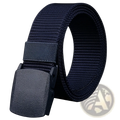 Dark navy mens tactical canvas belt with lightweight woven fabric and matte black textured plastic automatic buckle