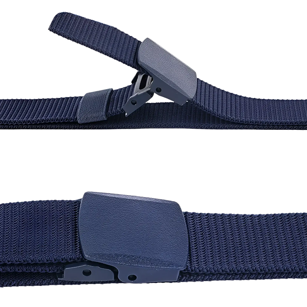 Navy blue woven nylon mens tactical canvas belt with lightweight matte black plastic automatic buckle and clip mechanism