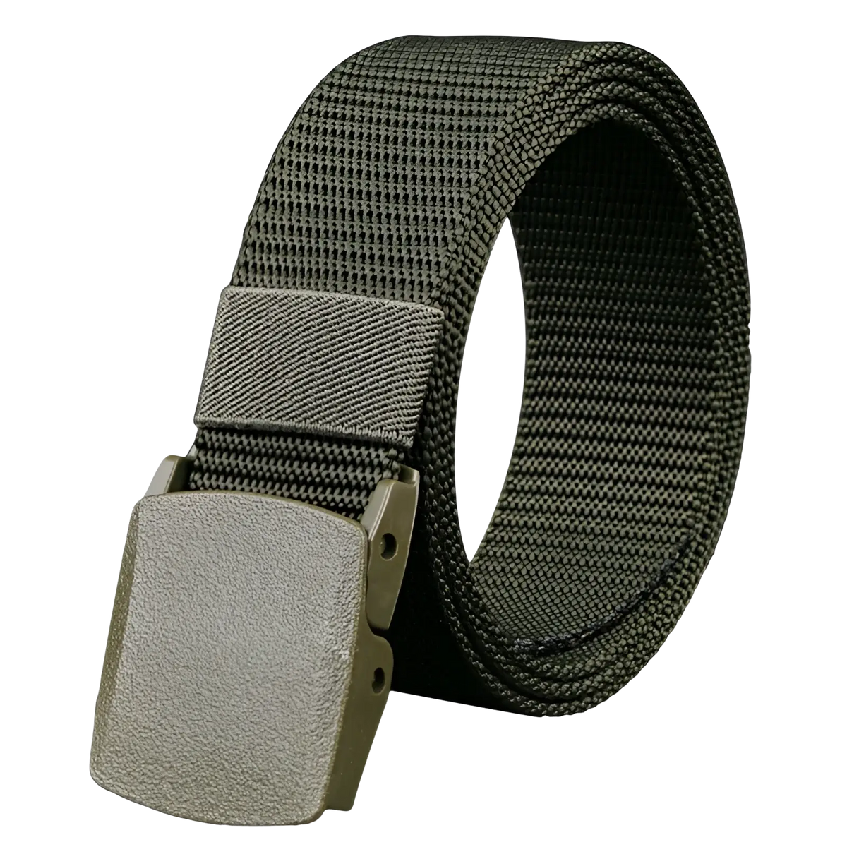 Mens tactical canvas belt in olive green with lightweight webbing and a matte-finish automatic metal buckle
