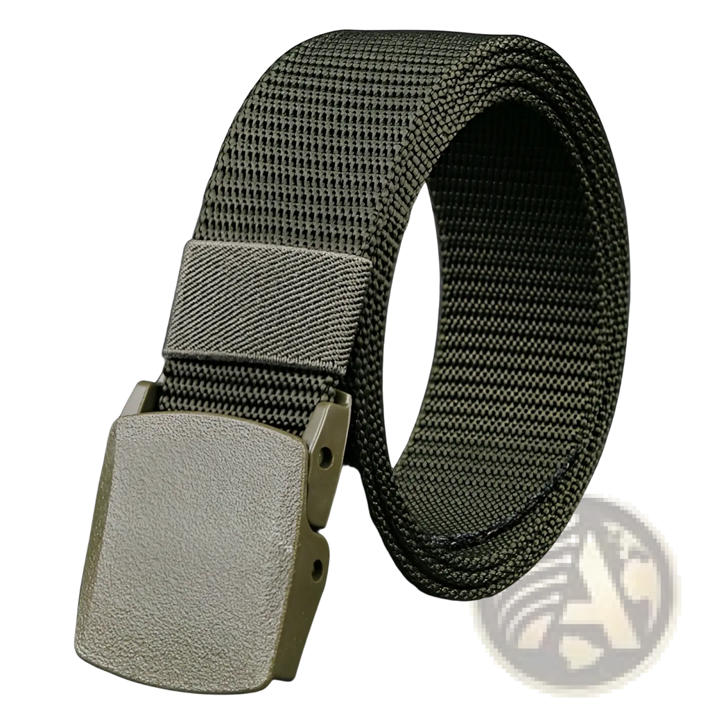 Mens tactical canvas belt in olive green with lightweight automatic buckle and matte tan plastic clasp
