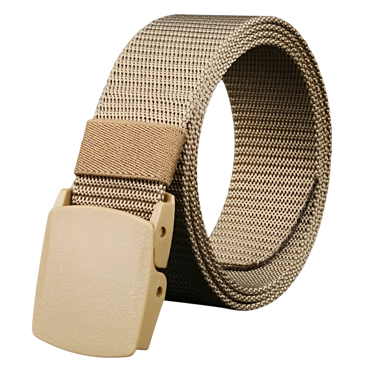 Tan tactical canvas belt with lightweight automatic plastic buckle for men designed for durable outdoor use