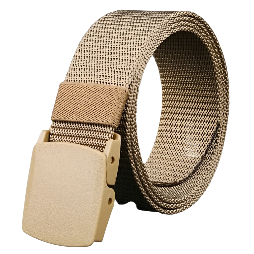 Tan tactical canvas webbing belt with lightweight automatic plastic buckle for mens use