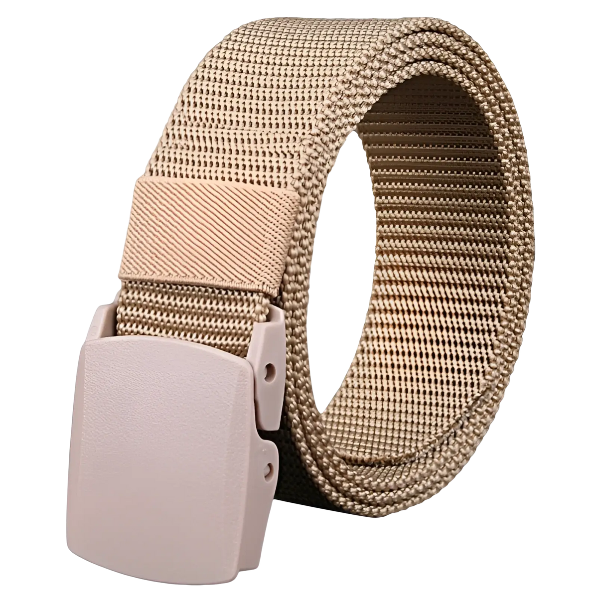Tan mesh men’s tactical canvas belt with lightweight light beige plastic automatic buckle for durability