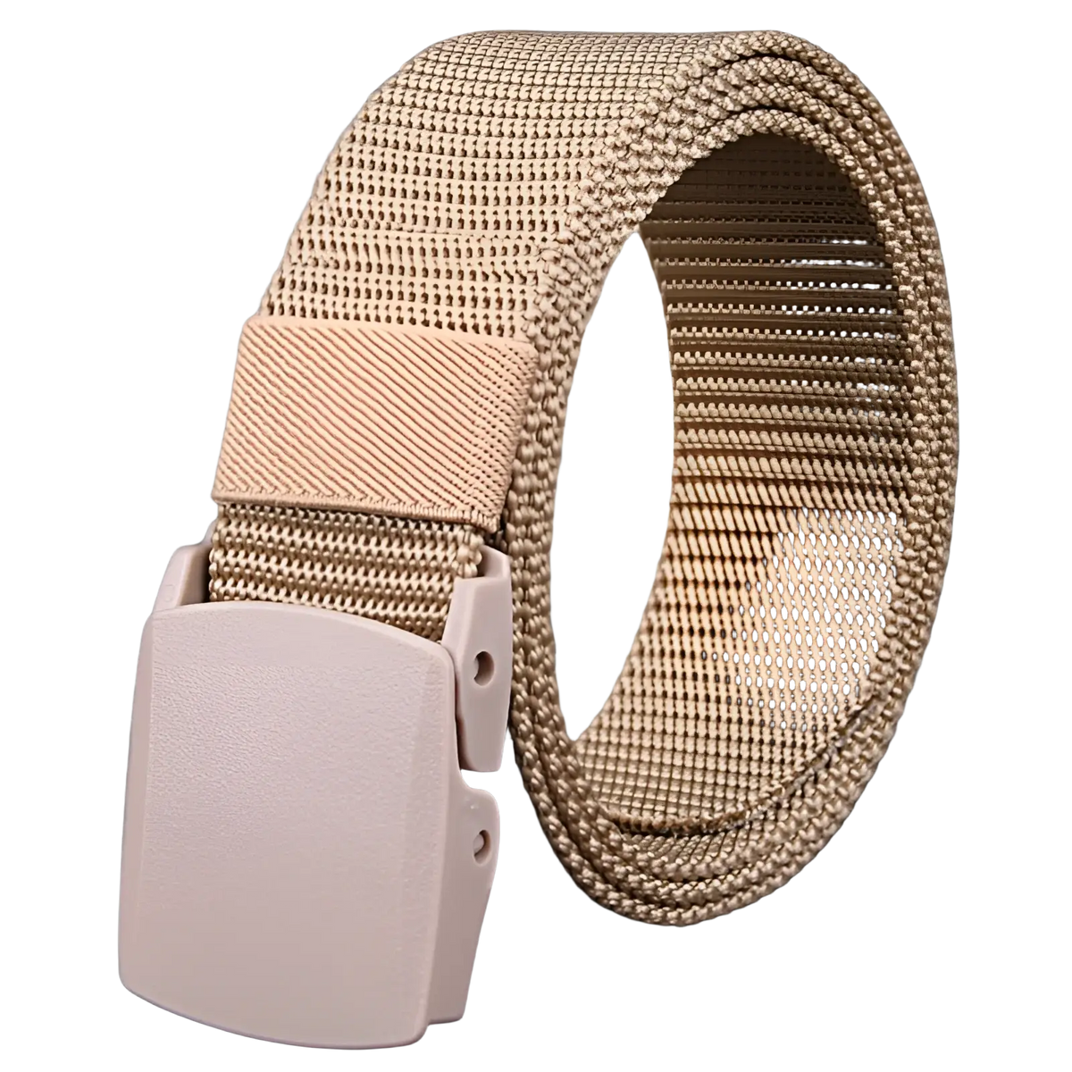 Tan mesh mens tactical canvas belt with lightweight matte pink plastic automatic buckle shown from front side