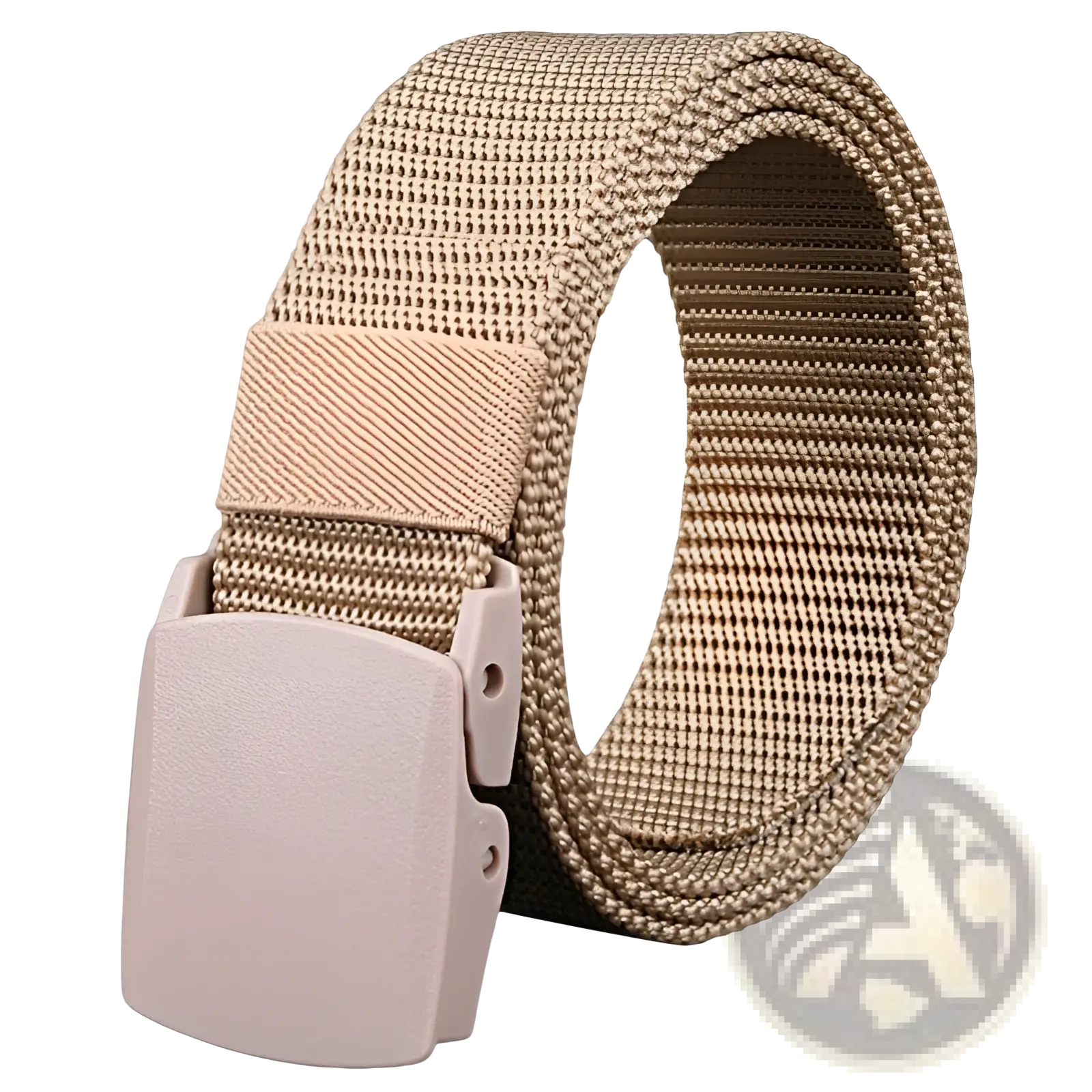 Tan mesh men’s tactical canvas belt with lightweight light beige plastic automatic buckle for durability