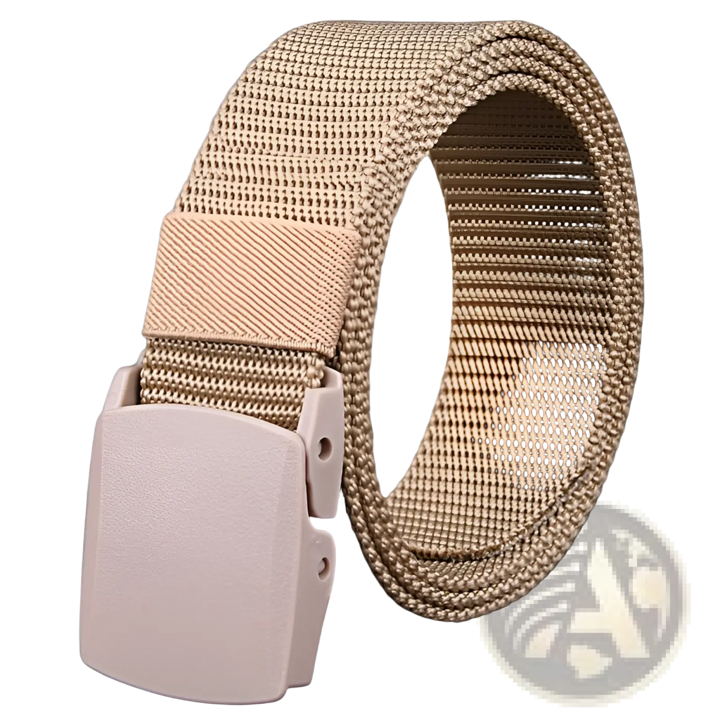 Tan mesh mens tactical canvas belt with lightweight matte pink plastic automatic buckle shown from front side