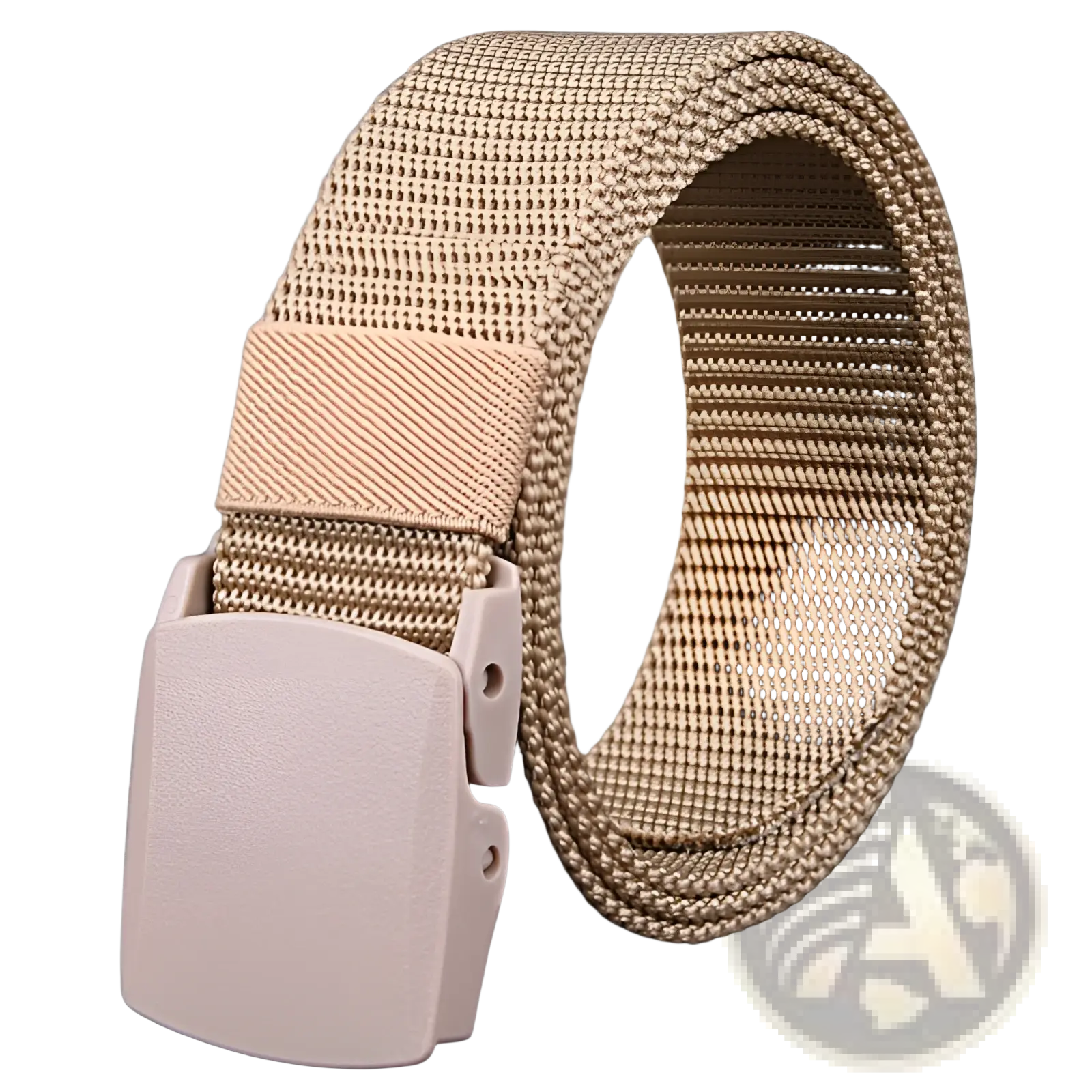 Tan mesh mens tactical canvas belt with lightweight matte pink plastic automatic buckle shown from front side