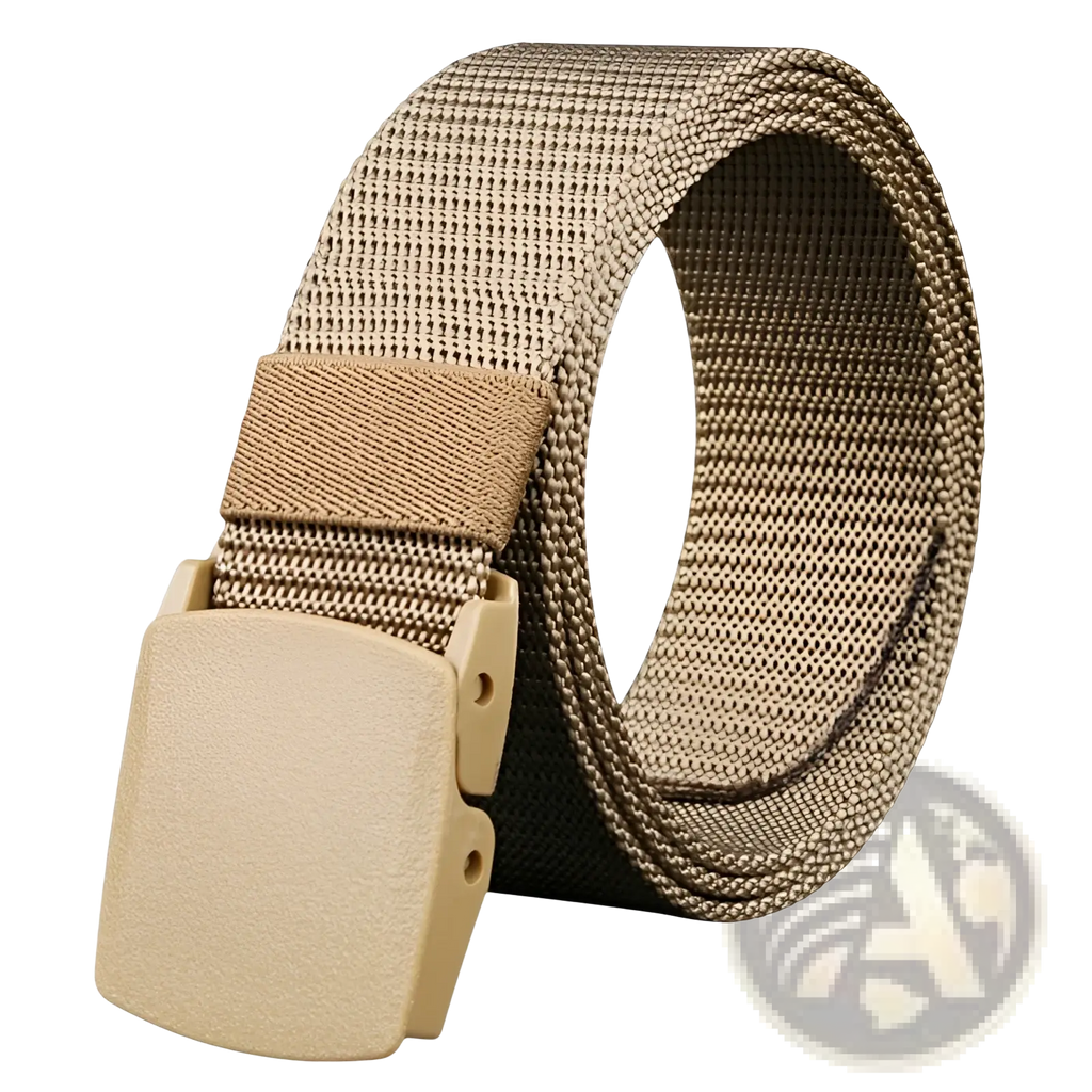 Tan mens tactical canvas belt with lightweight automatic plastic buckle and durable webbing material