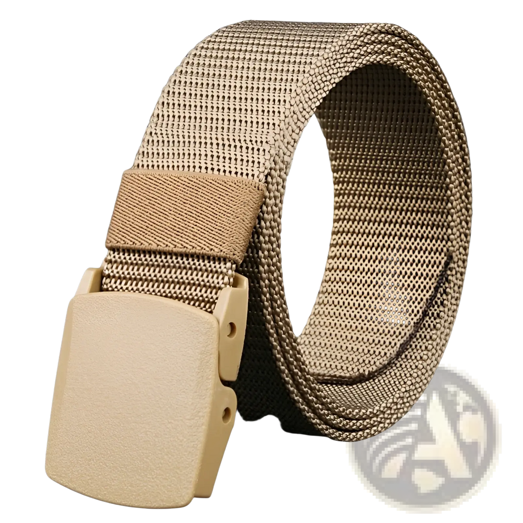 Tan tactical canvas webbing belt with lightweight automatic plastic buckle for mens use
