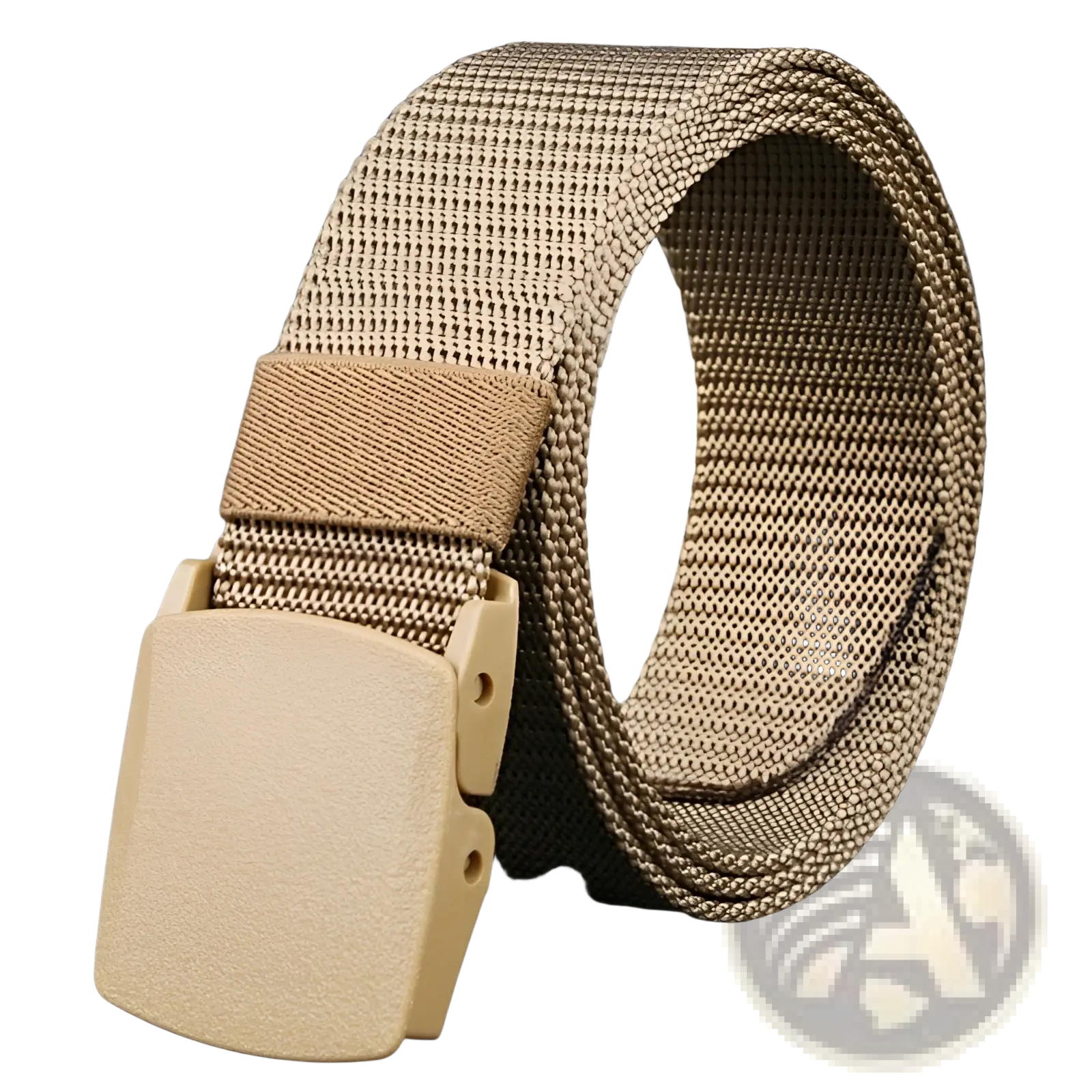 Tan tactical canvas webbing belt with lightweight automatic plastic buckle for mens use