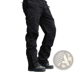 Men’s tactical cargo pants cotton camo joggers in black with multiple zippered pockets and reinforced knee panels