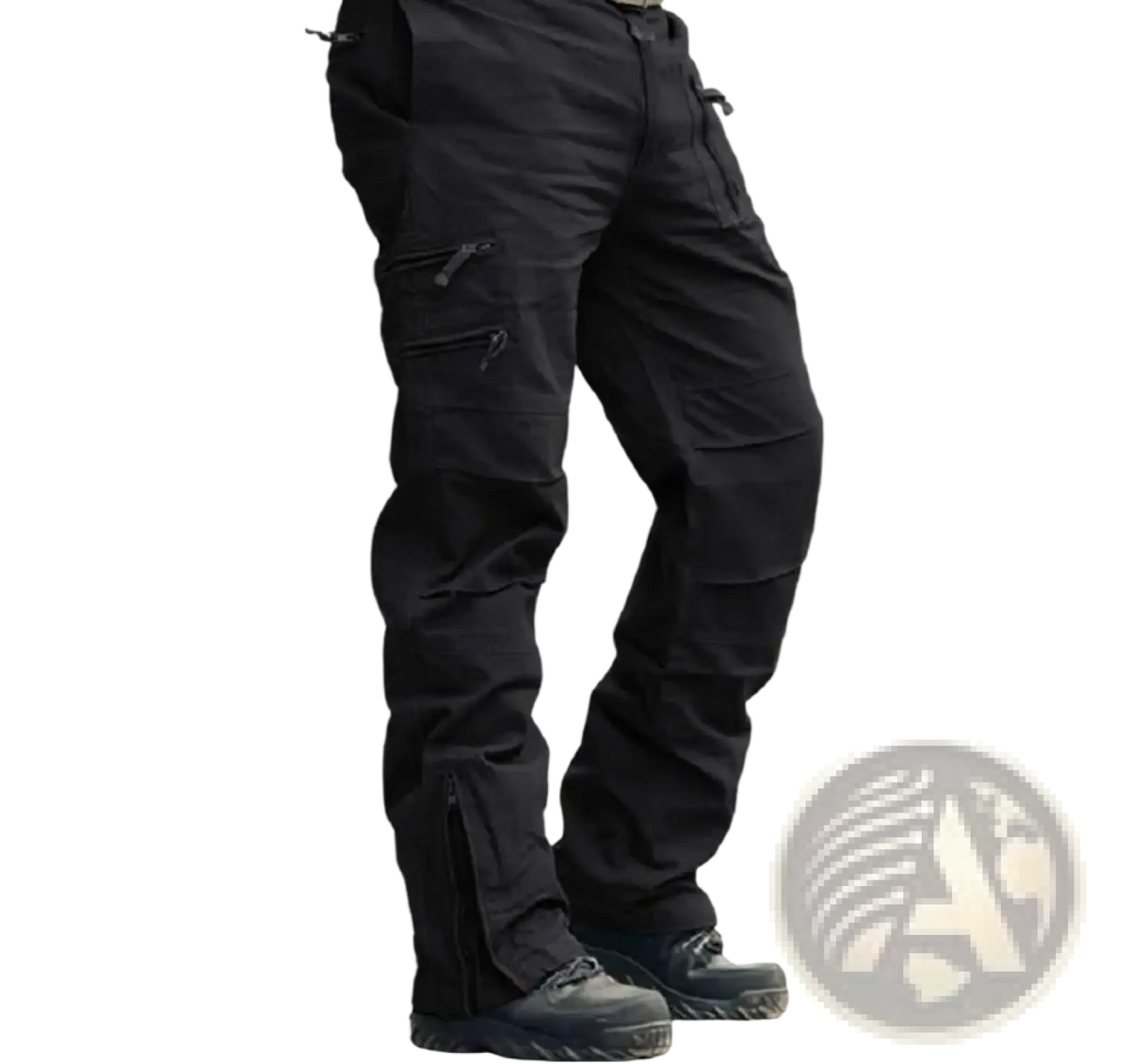 Men’s tactical cargo pants cotton camo joggers in black with multiple zippered pockets and reinforced knee panels