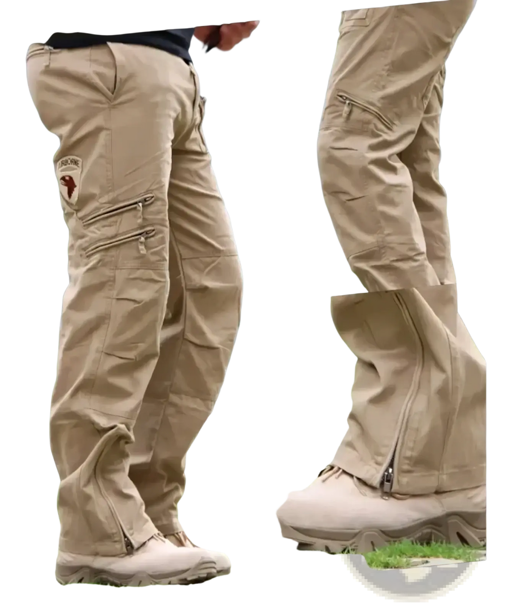 Men’s tactical cargo pants khaki cotton with multiple zippered pockets and a patch on the thigh for practical use