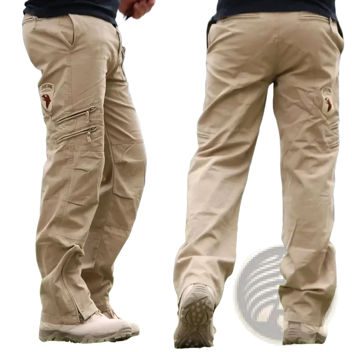 Men’s tactical cargo pants cotton camo joggers in khaki with multiple zippered pockets and embroidered logo on thigh