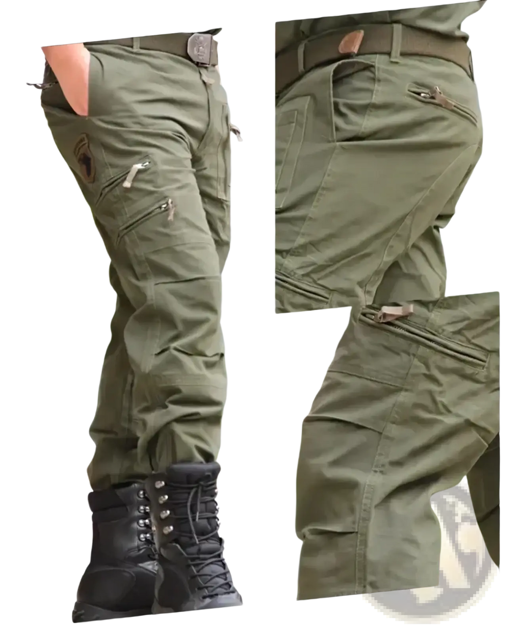 Olive green men’s tactical cargo pants made of cotton with multiple zippered pockets and sturdy belt loops