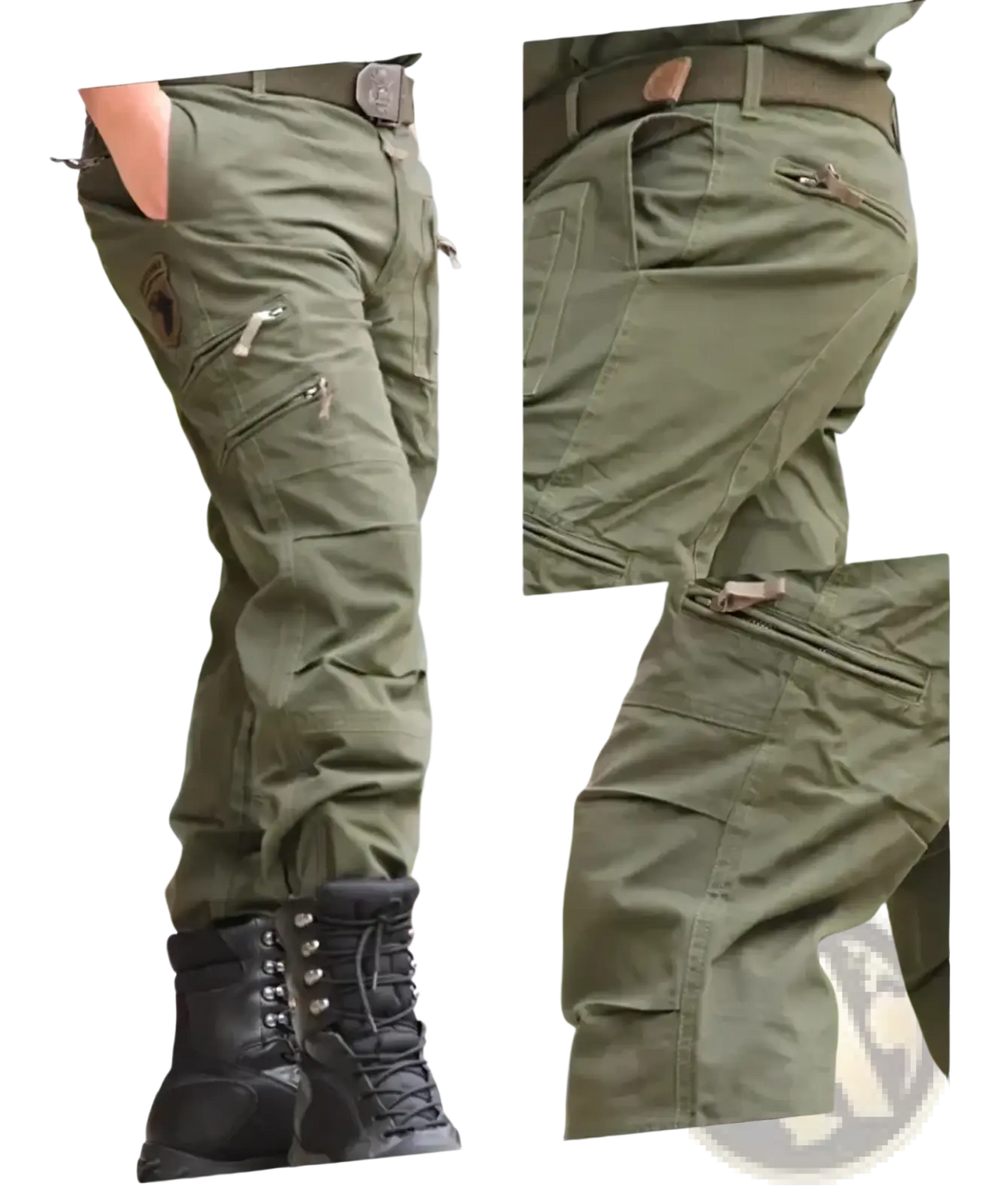 Olive green men’s tactical cargo pants made of cotton with multiple zippered pockets and sturdy belt loops