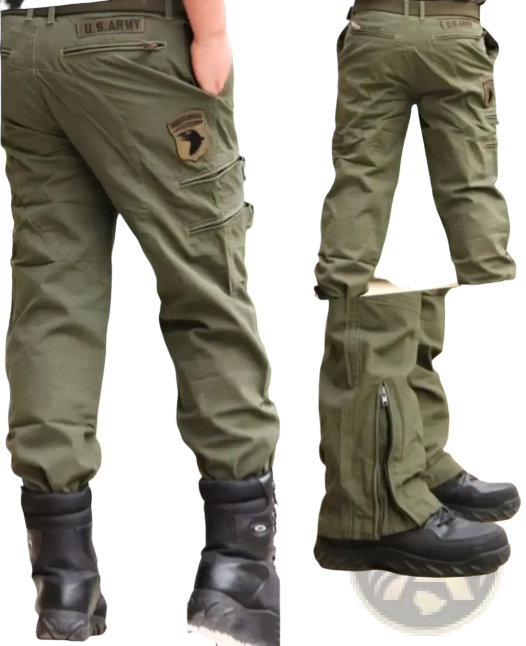 Men’s olive green tactical cargo pants cotton camo joggers featuring a U.S. patch on the back side