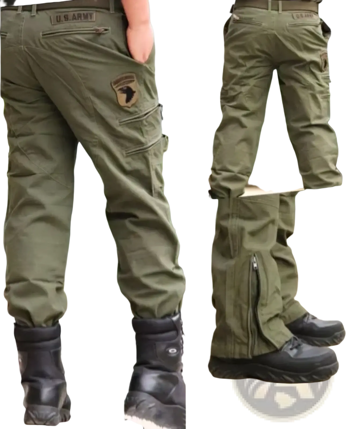 Men’s olive green tactical cargo pants cotton camo joggers featuring a U.S. patch on the back side