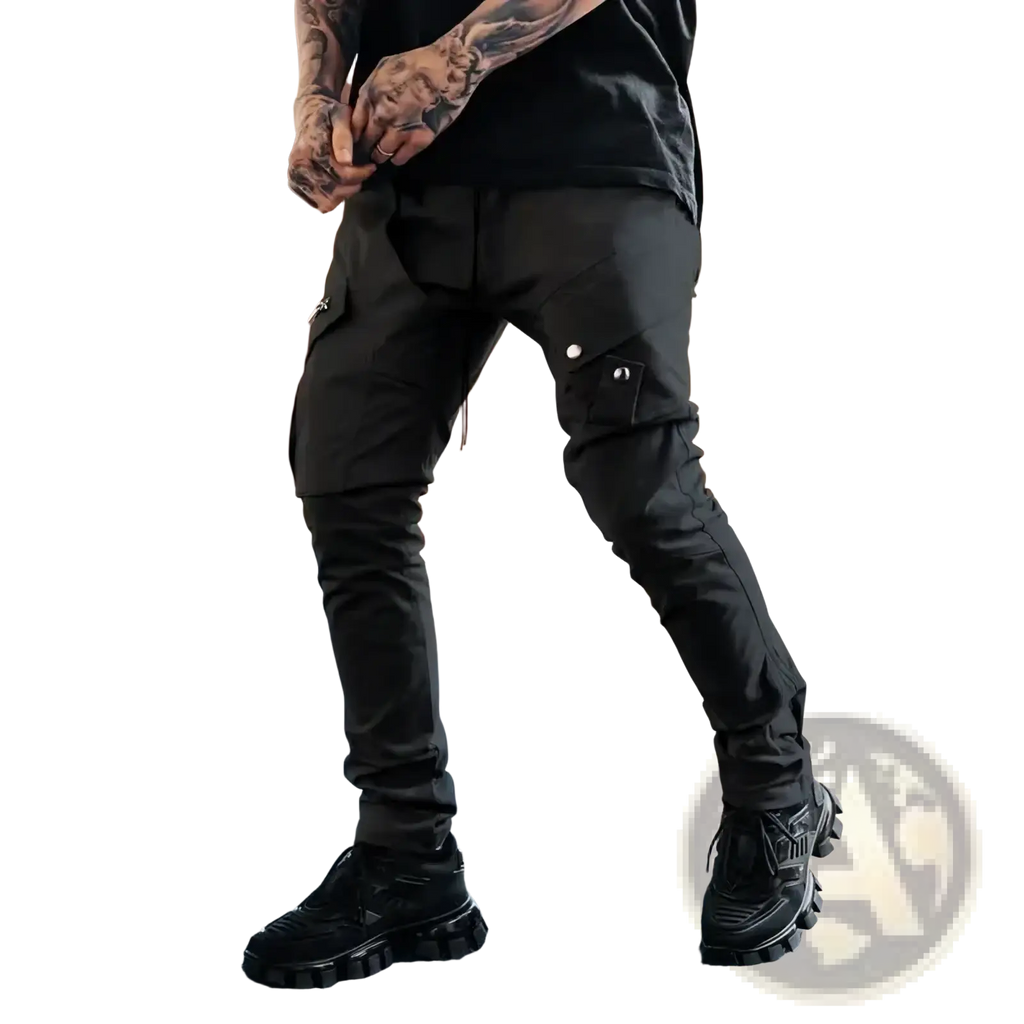 Mens tactical cargo pants in black featuring multiple pockets and a drawstring waistband for casual use