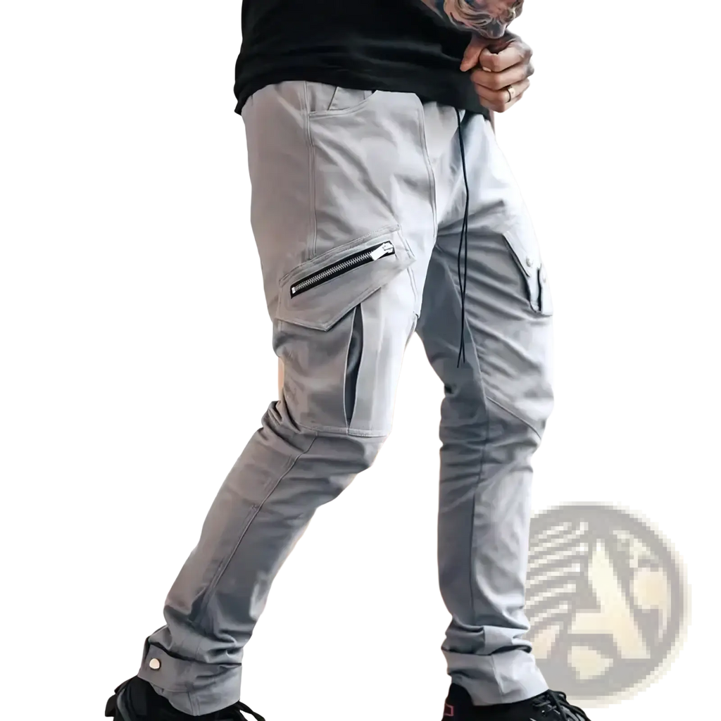 Mens tactical cargo pants in gray with multiple pockets including a zipper pocket and adjustable cuffs for casual wear