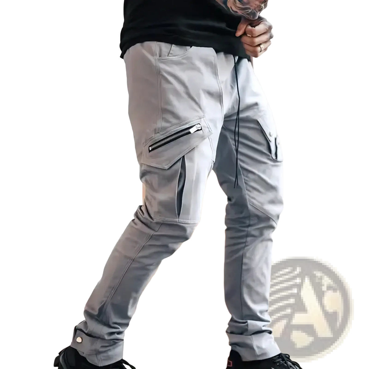 Mens tactical cargo pants in gray with multiple pockets including a zipper pocket and adjustable cuffs for casual wear