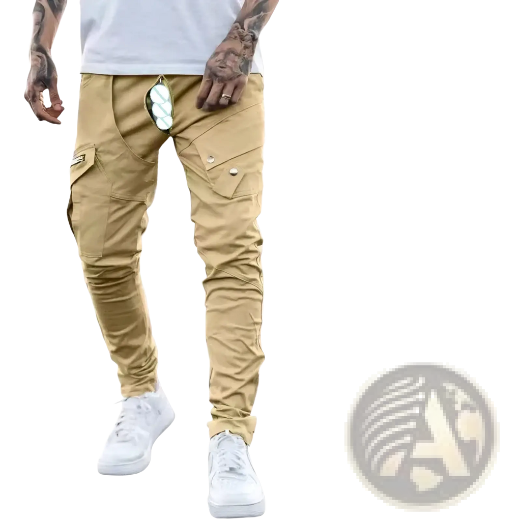 Mens tactical khaki cargo pants with multiple pockets and camouflage-lined interior for casual use