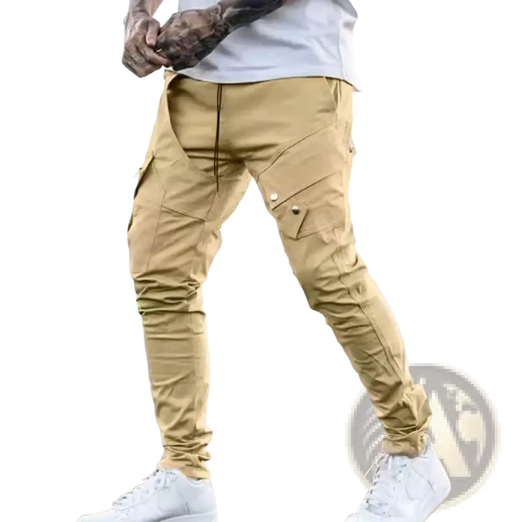 Mens tactical cargo pants in khaki with multiple pockets and a drawstring waistband for casual wear