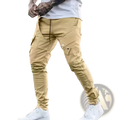 Mens tactical cargo pants in khaki with multiple pockets and a drawstring waistband for casual wear