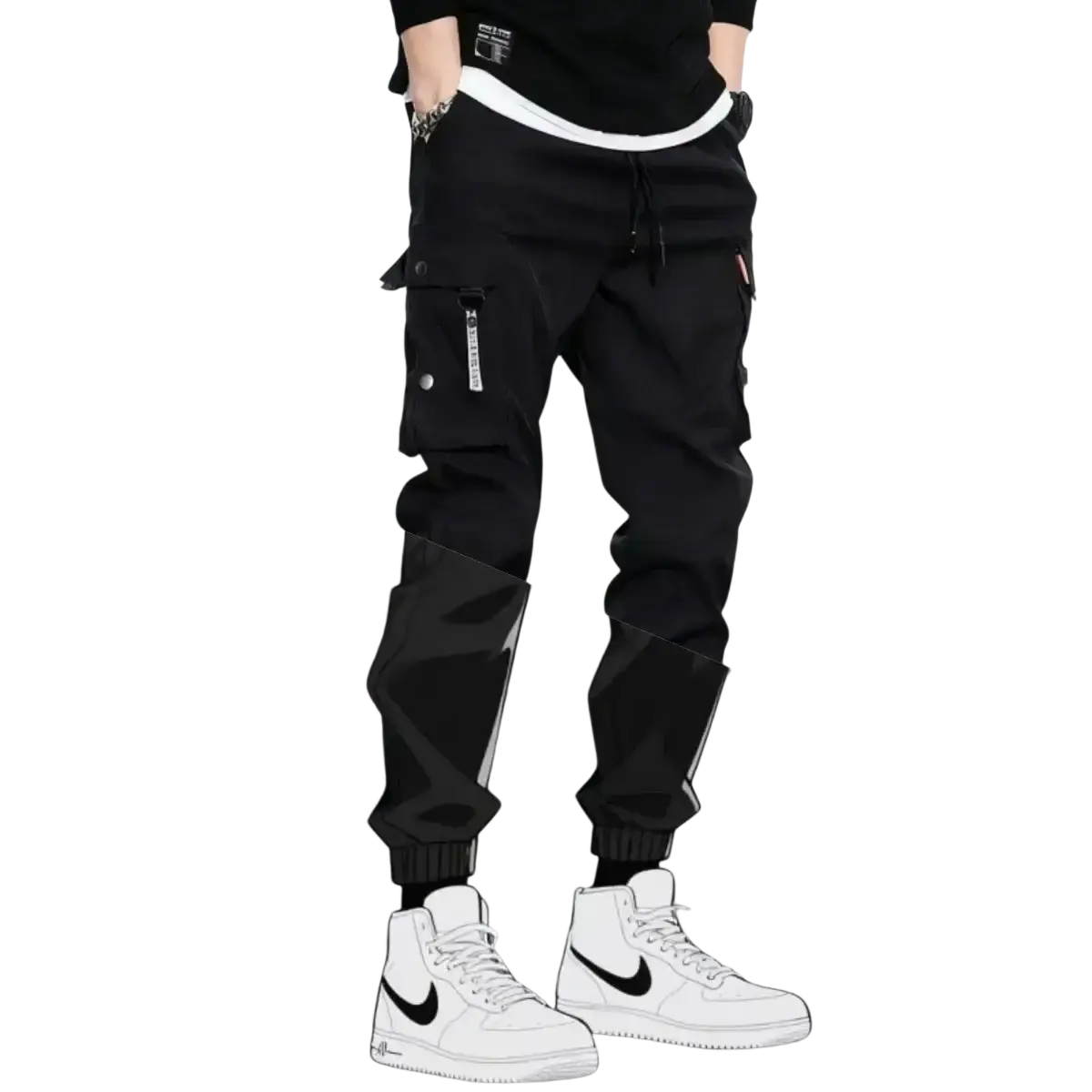 Men’s tactical cargo pants in black with white drawstring side pockets and sleek tapered multi pocket design