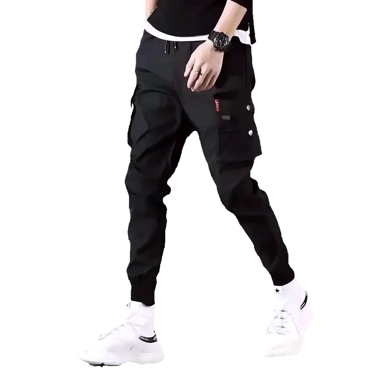 Men’s tactical cargo pants in black with multiple pockets and a drawstring waistband for secure fit