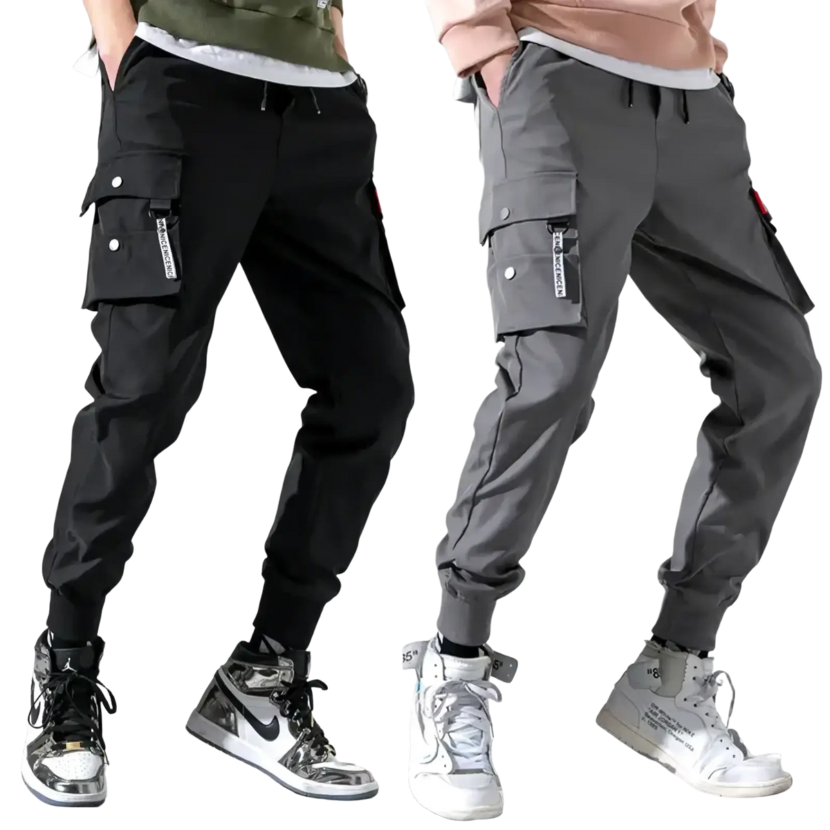 Men’s tactical cargo pants in black and gray featuring multiple pockets, elastic cuffs, and a drawstring waistband