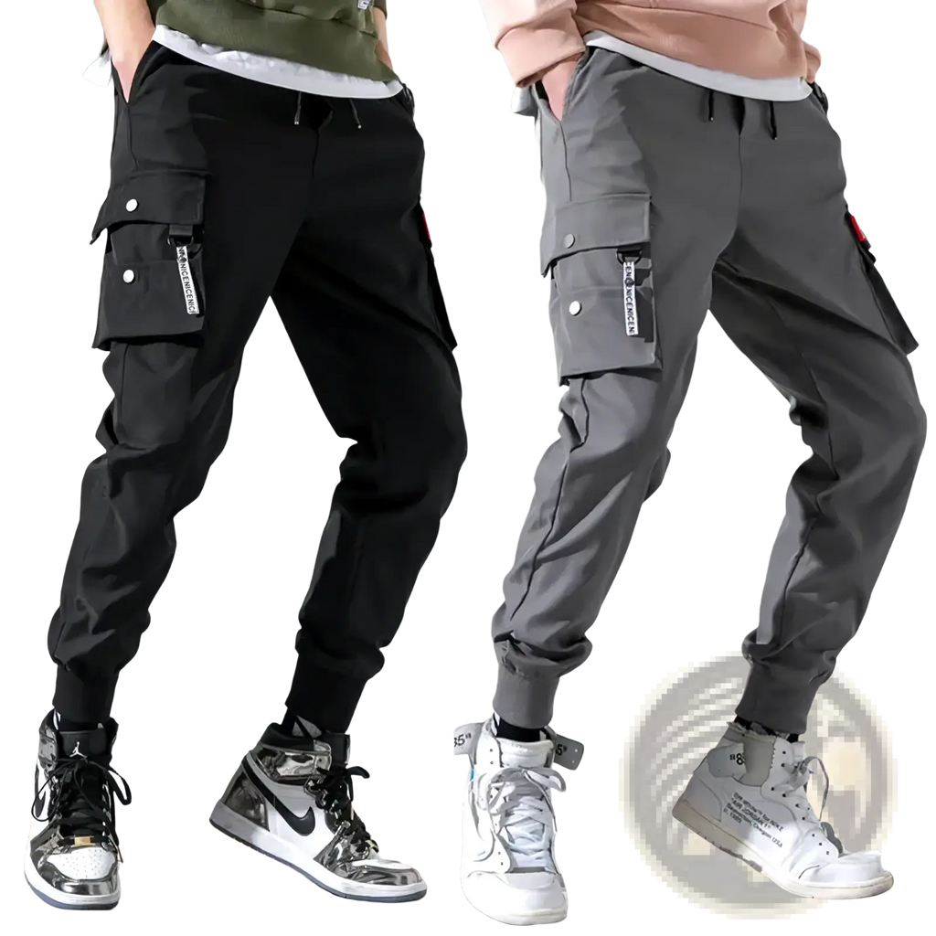 Men’s tactical cargo pants in black and gray with multiple button pockets and drawstring waistbands for durability