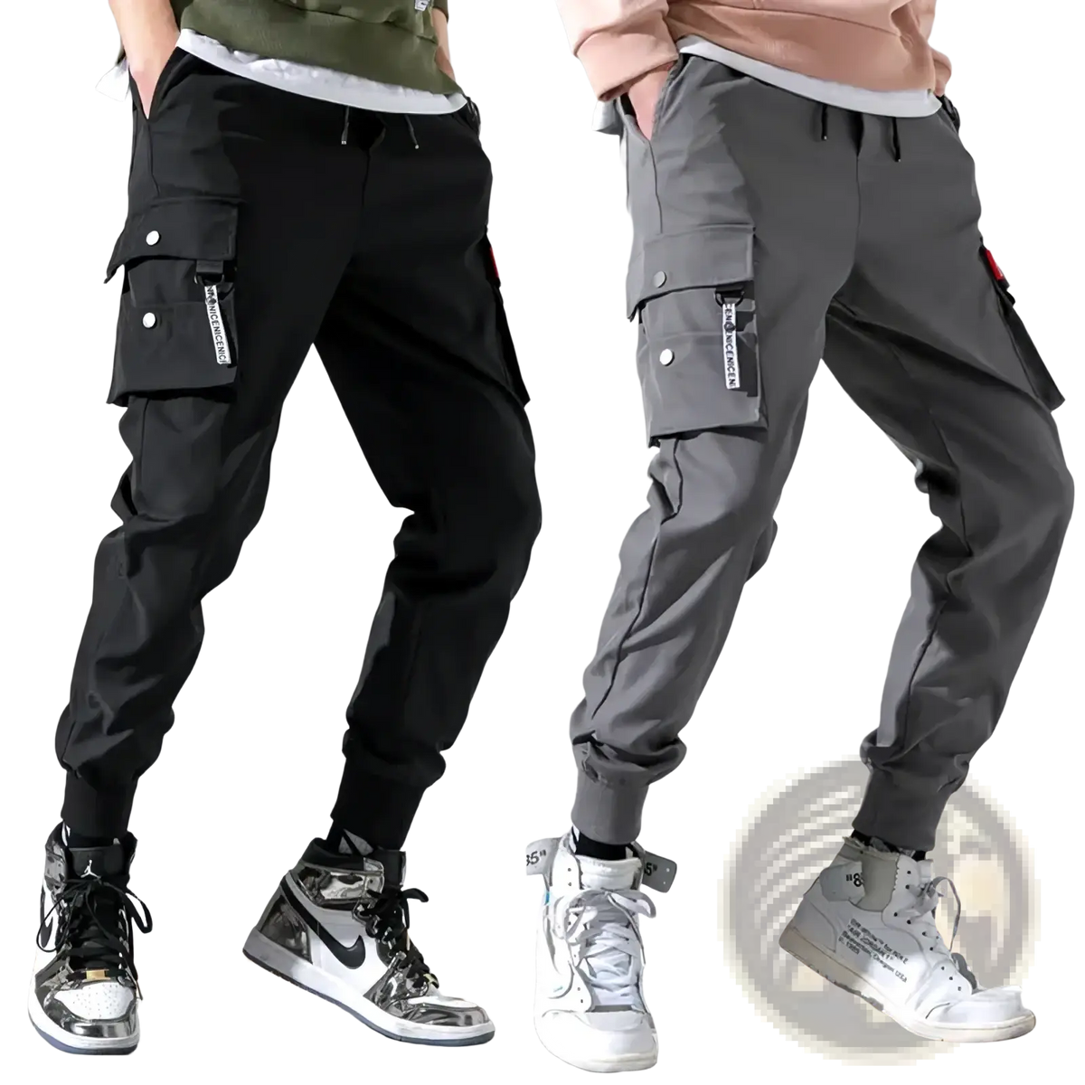 Men’s tactical cargo pants in black and gray with multiple button pockets and drawstring waistbands for durability