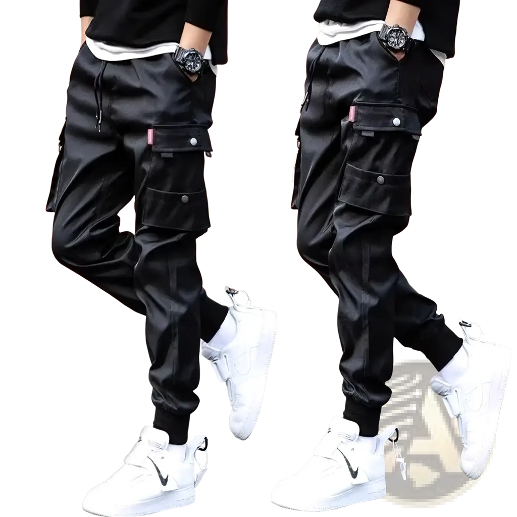 Men’s tactical cargo pants in black satin with multiple pockets and a drawstring waist for secure fit